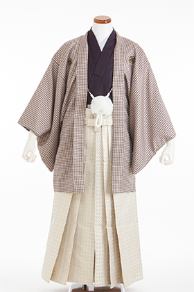 成人式用　紋付・袴　070057　清武　紫着物　ベージュ羽織　白金袴　180cm前後