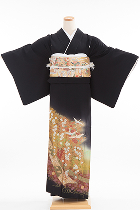 正絹　黒留袖　５紋　120011　グリーン　茶ぼかし　白花