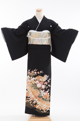 正絹　黒留袖　５紋　120019　薄色のし　扇と鼓
