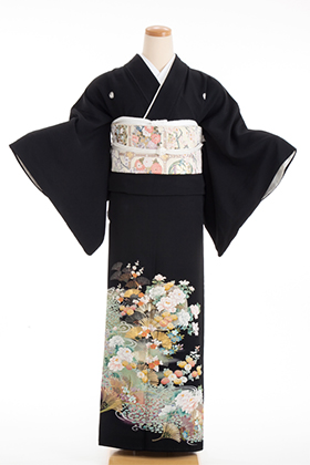 正絹　黒留袖　５紋　120024　グリーン　花柄　金の松