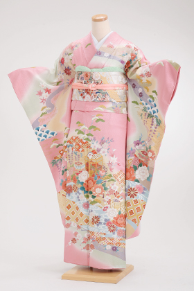 成人式用　振袖　140083-S　ピンク　紗綾型　刺繍