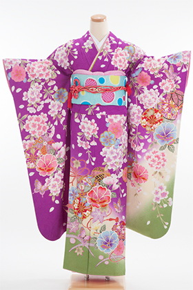 成人式用　振袖　140106-S　紫地　桜　鞠