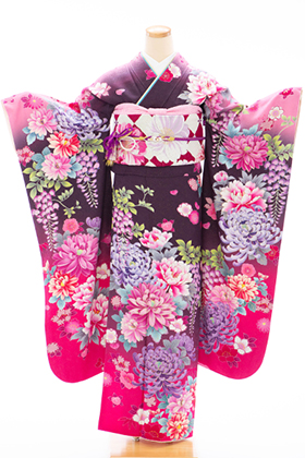 正絹・振袖【2月-12月】140155　茶ラメ　牡丹　菊