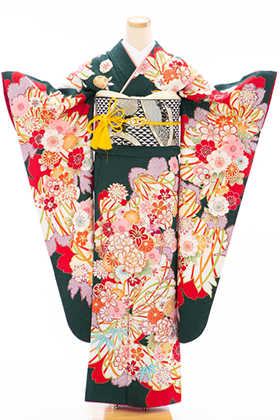 成人式用　振袖　140165-S　桜シルエットに薬玉/緑地