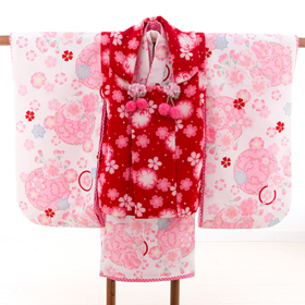 七五三　着物　３歳　被布セット　320005　JAPAN STYLE　赤被布　ピンク花柄
