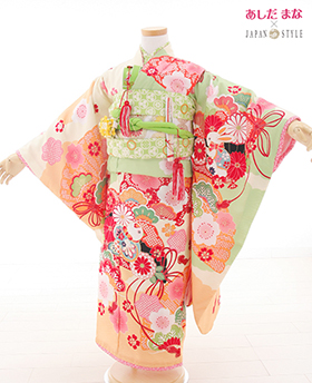 七五三　着物　７歳　四つ身セット　320060　あしだまな×JAPAN STYLE　黄緑色花