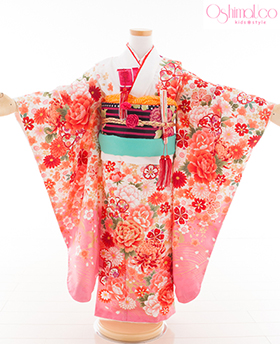 七五三　着物　７歳　四つ身セット　320082　OshimaUco　白ピンク　帯黒縞ドット OY-2