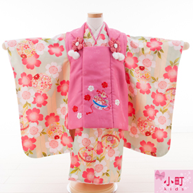 七五三　着物　３歳　被布セット　320101　小町 kids　ピンク被布　黄緑着物　桜