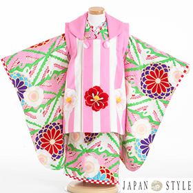 七五三　着物　３歳　被布セット　320116　村田涼太×JAPAN STYLE　ピンク　ストライプ　JF-2