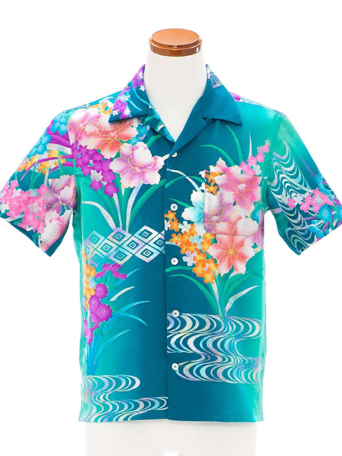 着物アロハシャツ「水辺で輝く花々A」AH100088